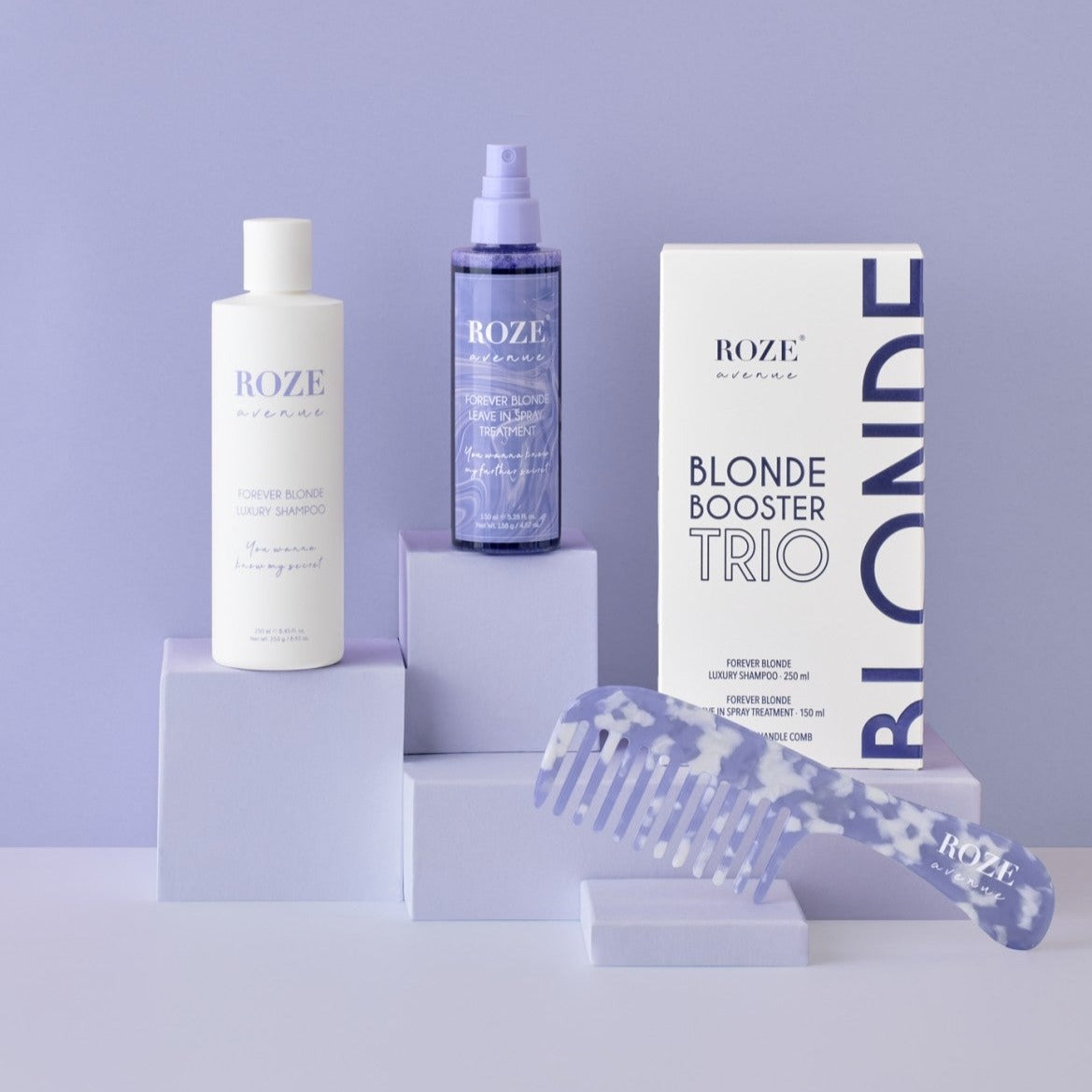 Roze Avenue - Blondinių rinkinys: šampūnas + kondicionierius + šukos