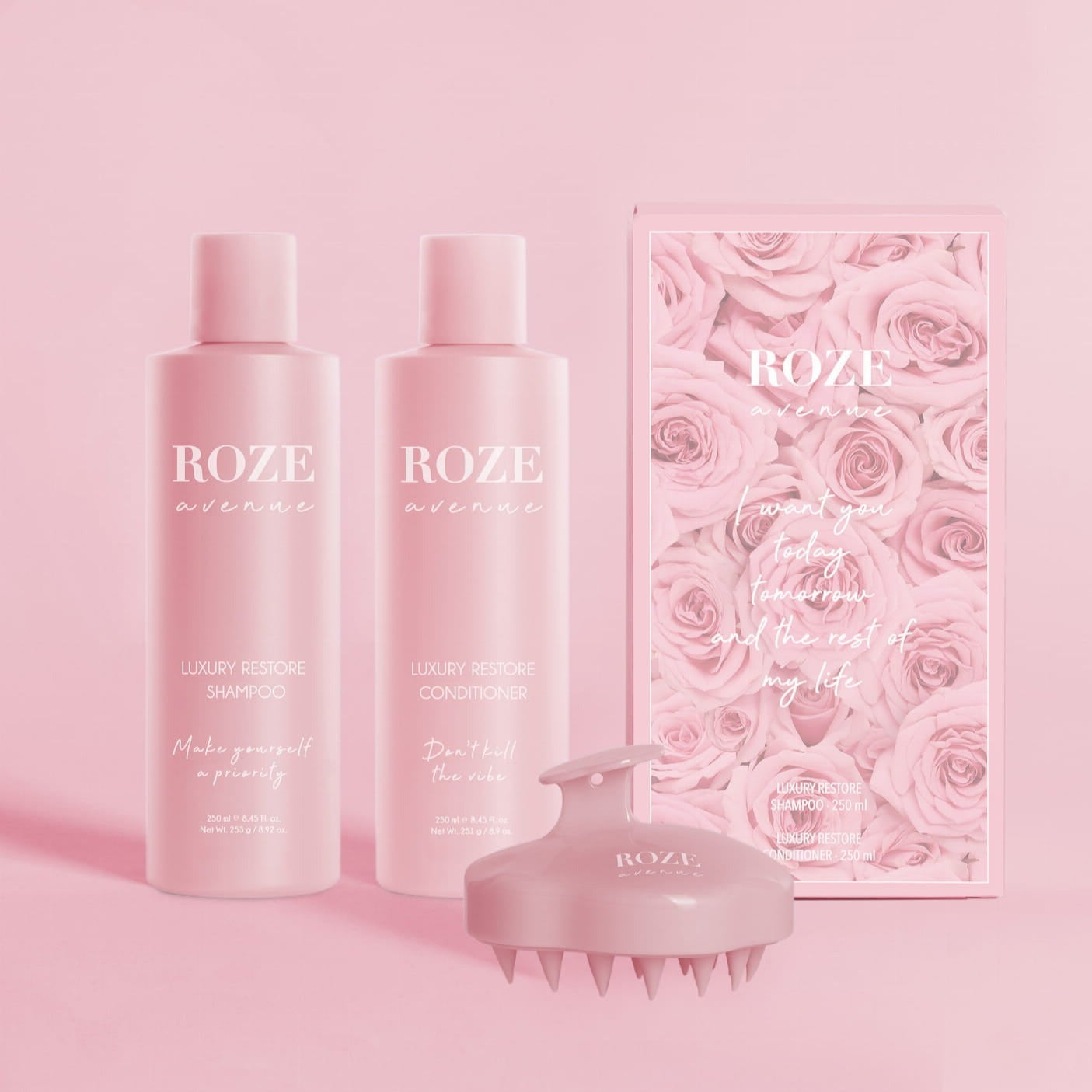 Roze Avenue Bestie Duo Box - Šampūnas + kondicionierius + galvos odos šepetys