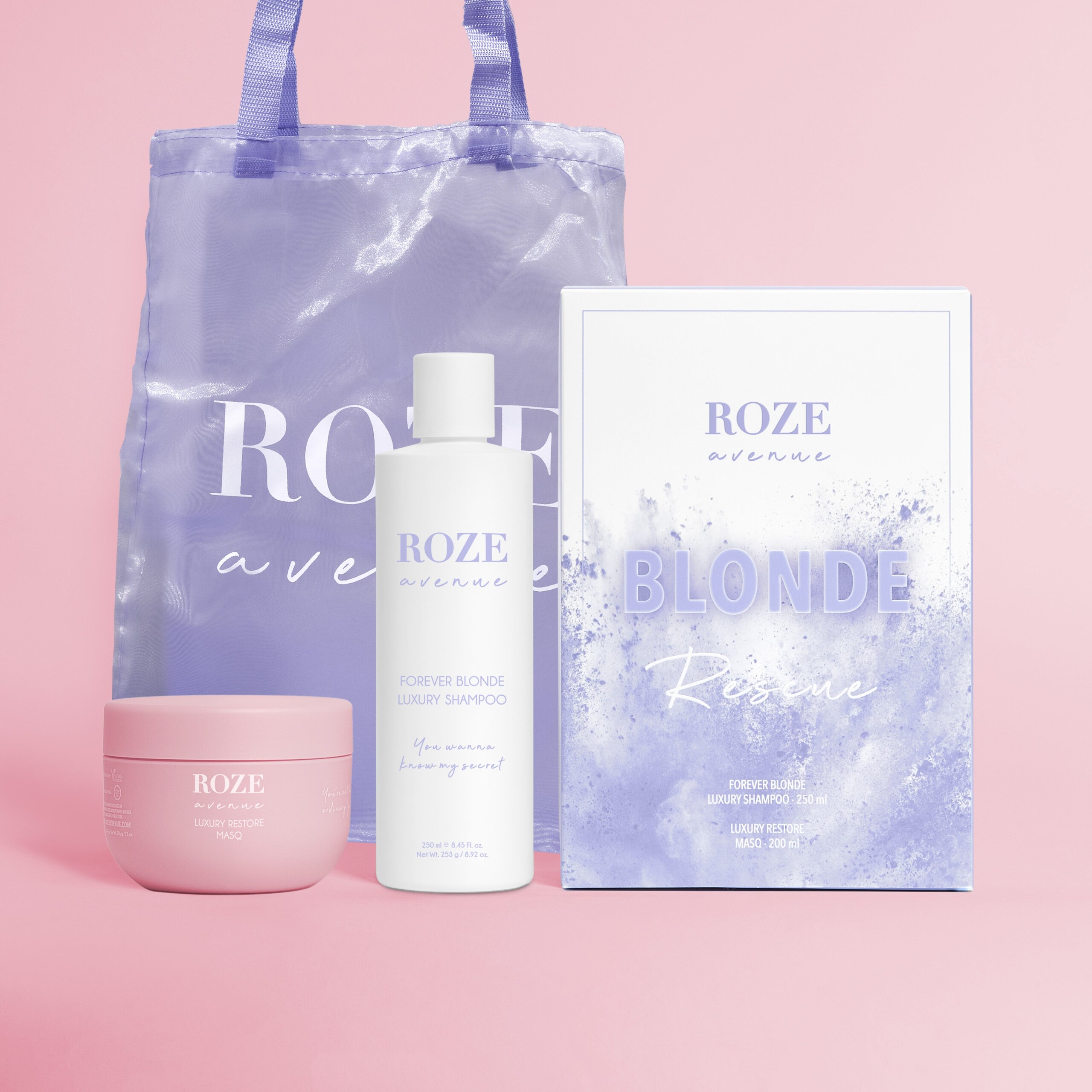 Roze Avenue - Rinkinys: šampūnas blondinėms + atstatomoji kaukė + krepšys