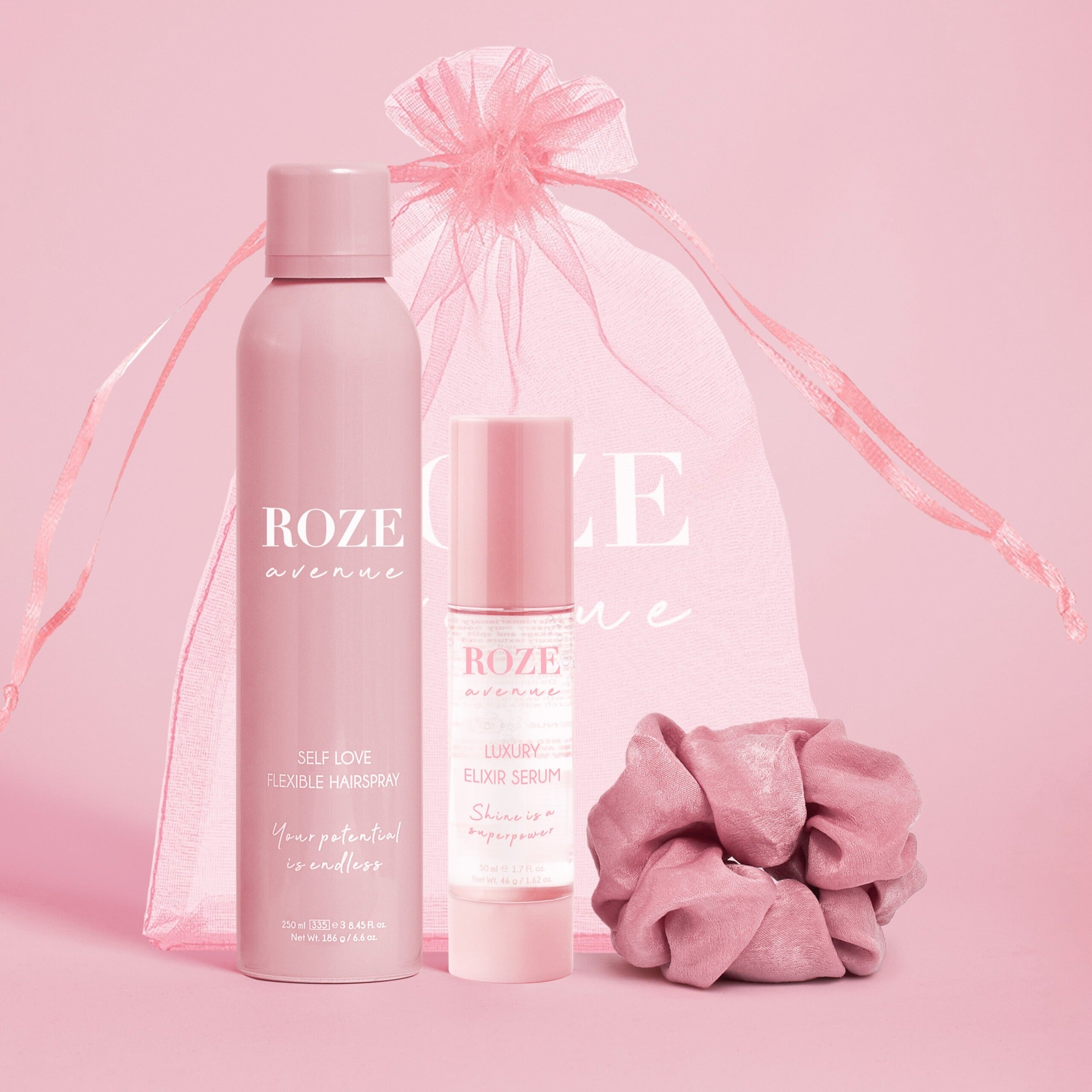 Roze Avenue - Rinkinys: plaukų lakas + aliejus + plaukų gumytė